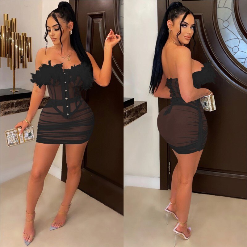 Sexy Nightclub Wear 2 Piece African Set Solid Sleeveless Mesh Perspective Feather Top Folds Mini Skirt Matching Women Set Summer