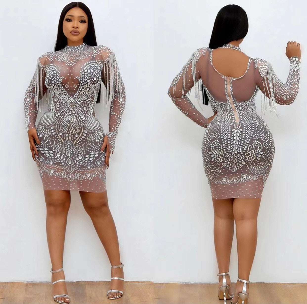Sparkly Silver Rhinestones Fringe Transparent Dress Women's Birthday Celebrate Mesh Outfit Bar Women Dancer Dress