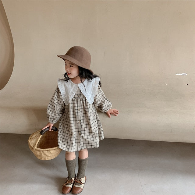 Spring Summer Girls Clothing Cute Children Dresses Kids Baby Girl Plaid Cotton Linen Lapel Collar Dress Long Sleeve Skirt