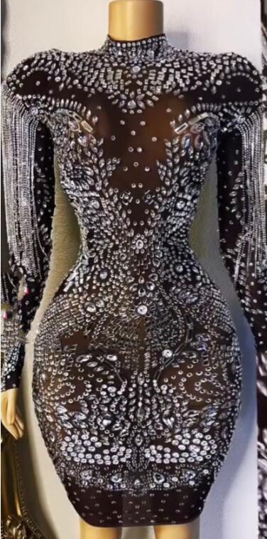 Sparkly Silver Rhinestones Fringe Transparent Dress Women's Birthday Celebrate Mesh Outfit Bar Women Dancer Dress