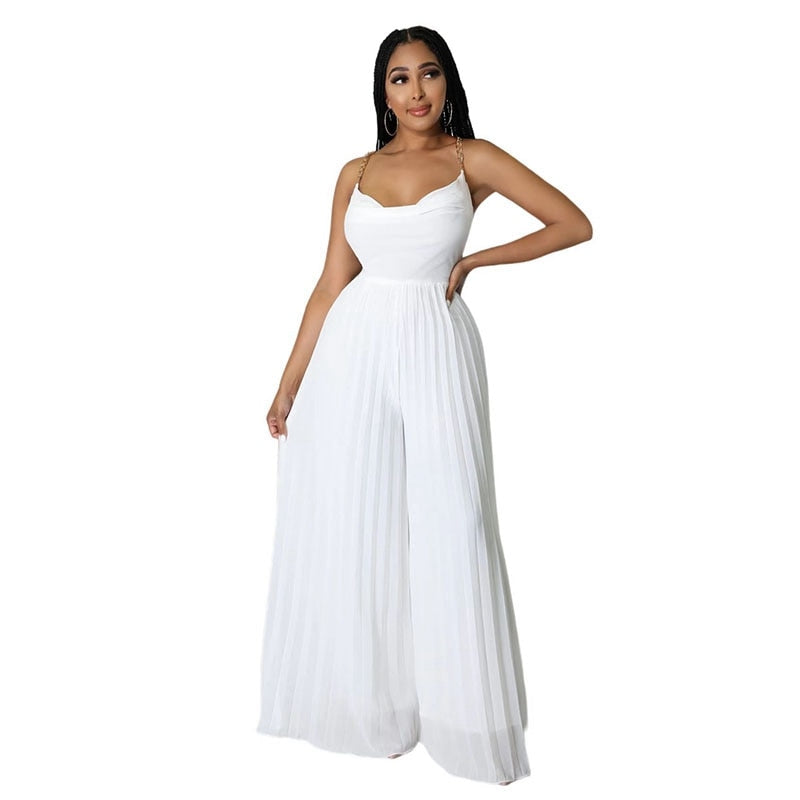 Sexy Women Solid Chiffon Jumpsutis Summer Chain Spaghetti Strap Backless Pleated Overall