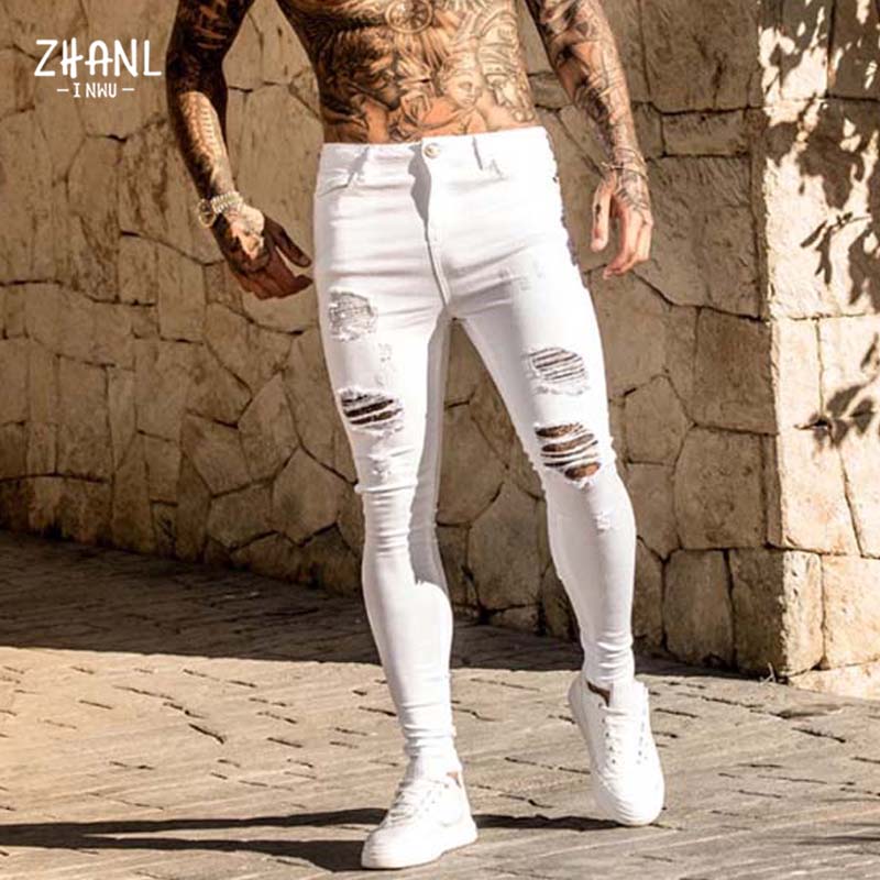 Pants Men Jeans Skinny Hip Hop Sky Blue Jeans Mens Stretchy Ripped Slim Fit Denim Destroyed Hole High Quality Jean Streetwear
