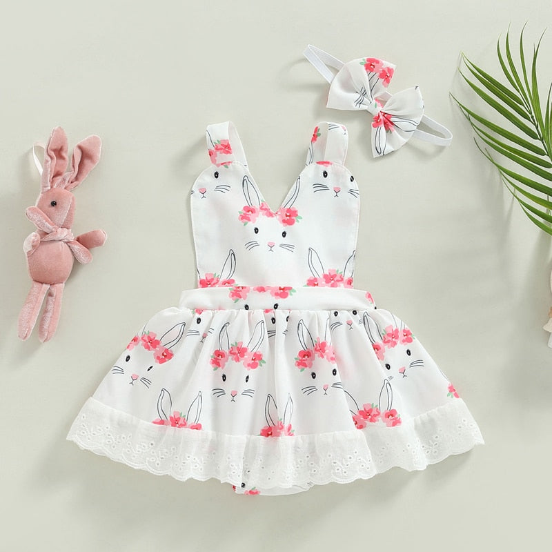 2022-12-01 Lioraitiin 0-18M Easter Infant Girls Dress Rabbit Print Halter Neck Sleeveless Lace Skirt