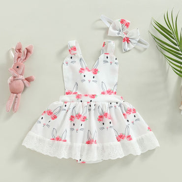 2022-12-01 Lioraitiin 0-18M Easter Infant Girls Dress Rabbit Print Halter Neck Sleeveless Lace Skirt