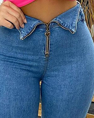 Zipper Design High Waist Skinny Jeans Women Casual Denim Pants