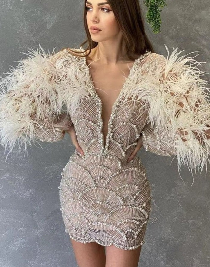 Sexy Women's Sexy V-neck Beaded Dress Beaded Long Sleeve Feather Wine Dress