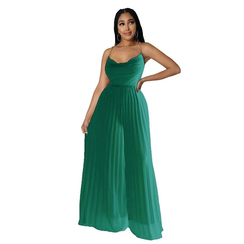 Sexy Women Solid Chiffon Jumpsutis Summer Chain Spaghetti Strap Backless Pleated Overall