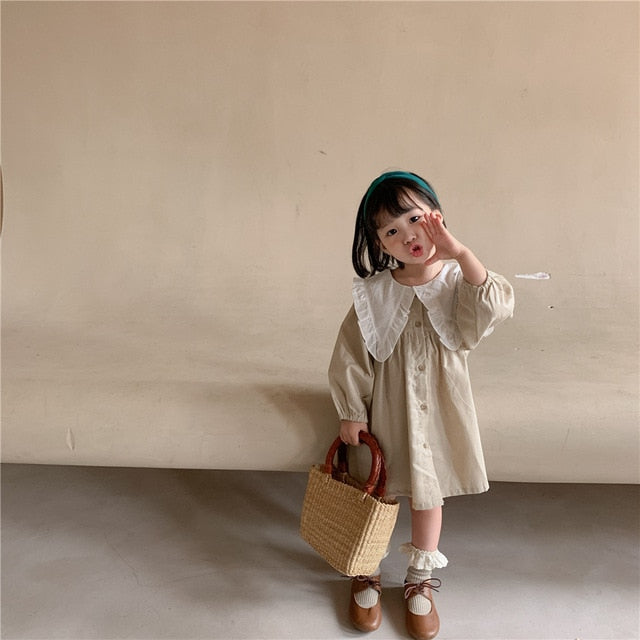 Spring Summer Girls Clothing Cute Children Dresses Kids Baby Girl Plaid Cotton Linen Lapel Collar Dress Long Sleeve Skirt