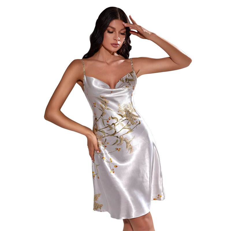 Summer Strap Nightgown Sexy Women Nighty Gown Sleepdress Satin Print Nightwear Lingerie Chemise Sleepwear Home Dress