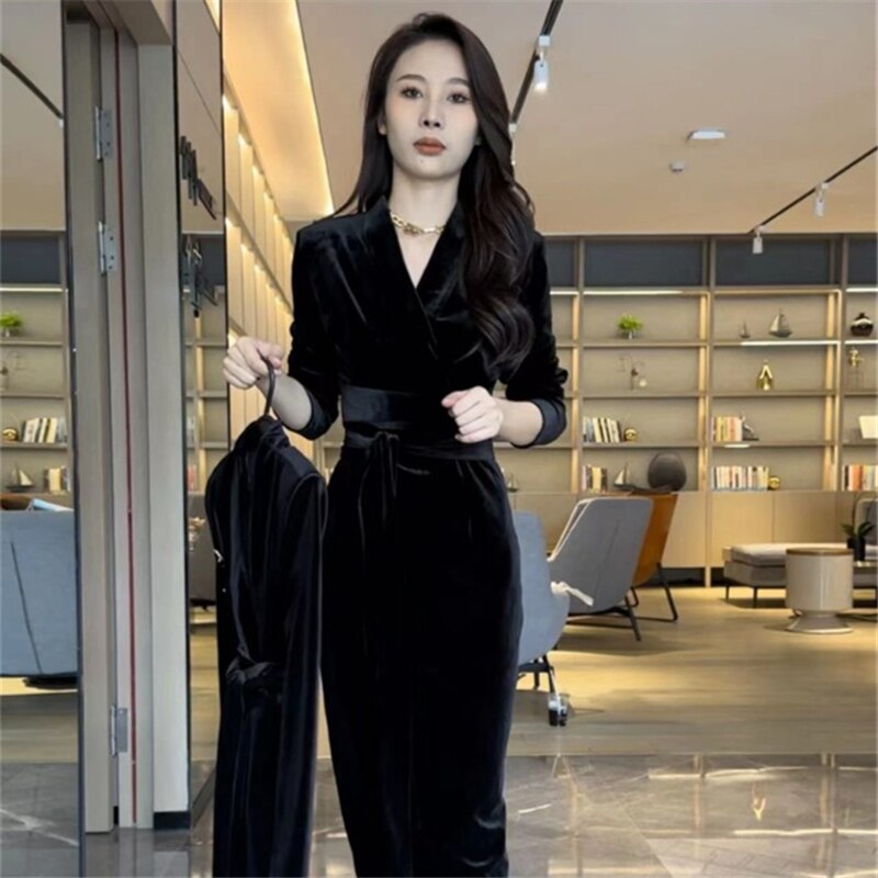 Limiguyue Long Velvet DressHigh Waist Vintage Women V Neck Sheath Sexy Wrap Dress Slim Lace-up Autumn Winter Evening Party T064