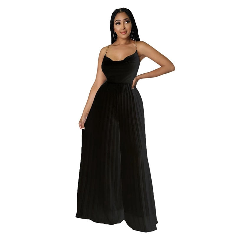 Sexy Women Solid Chiffon Jumpsutis Summer Chain Spaghetti Strap Backless Pleated Overall