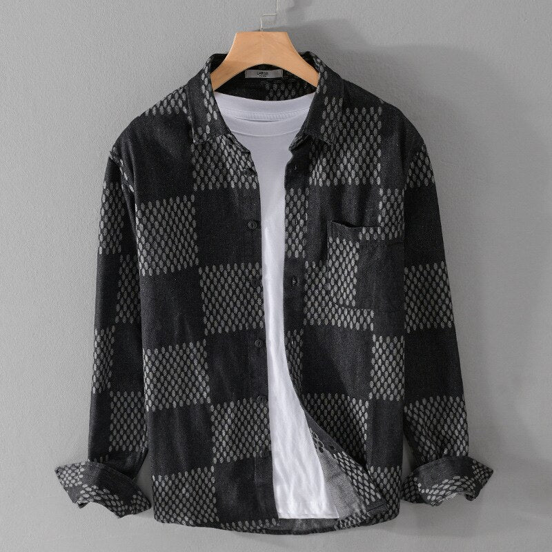 Men's Long Sleeve Denim Shirt Fashion Casual Big Grid Fashion Handsome Young Man Loose Top Coat