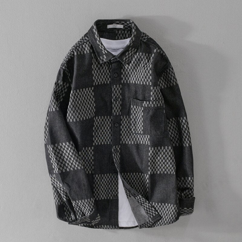 Men's Long Sleeve Denim Shirt Fashion Casual Big Grid Fashion Handsome Young Man Loose Top Coat