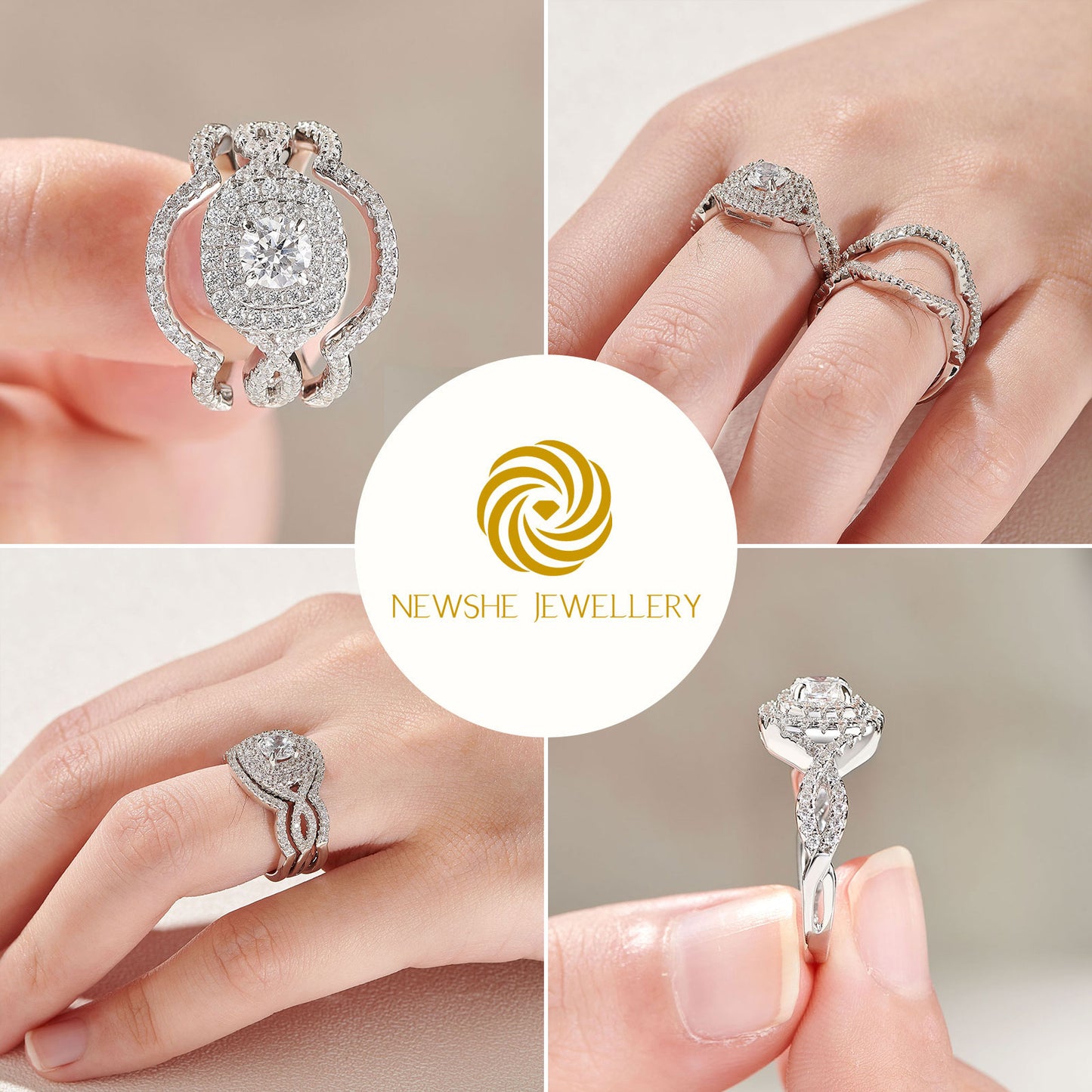 Newshe 3Pcs Classic Wedding Rings Set for Women 925 Sterling Silver Bridal Engagement Ring Simulated Diamond CZ Luxury Jewelry