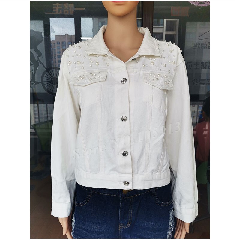 Designer Pearl Beading Black Short Jean Jackets Korean Chi Street Jeans Jacket Chi Cotton Collar Blue White Cropped Denim Coat