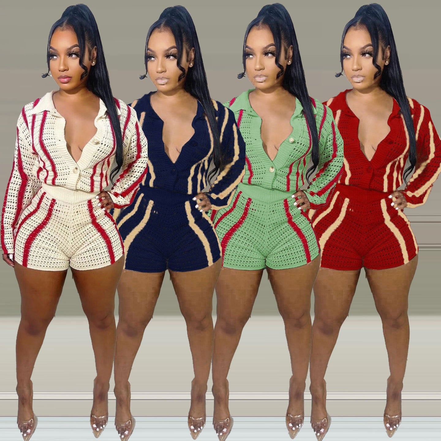 Casual Women Striped Sweater Two Piece Set Cardigan Coat + Pants Slim Bodycon Streetwear Clothes For Women Outfit