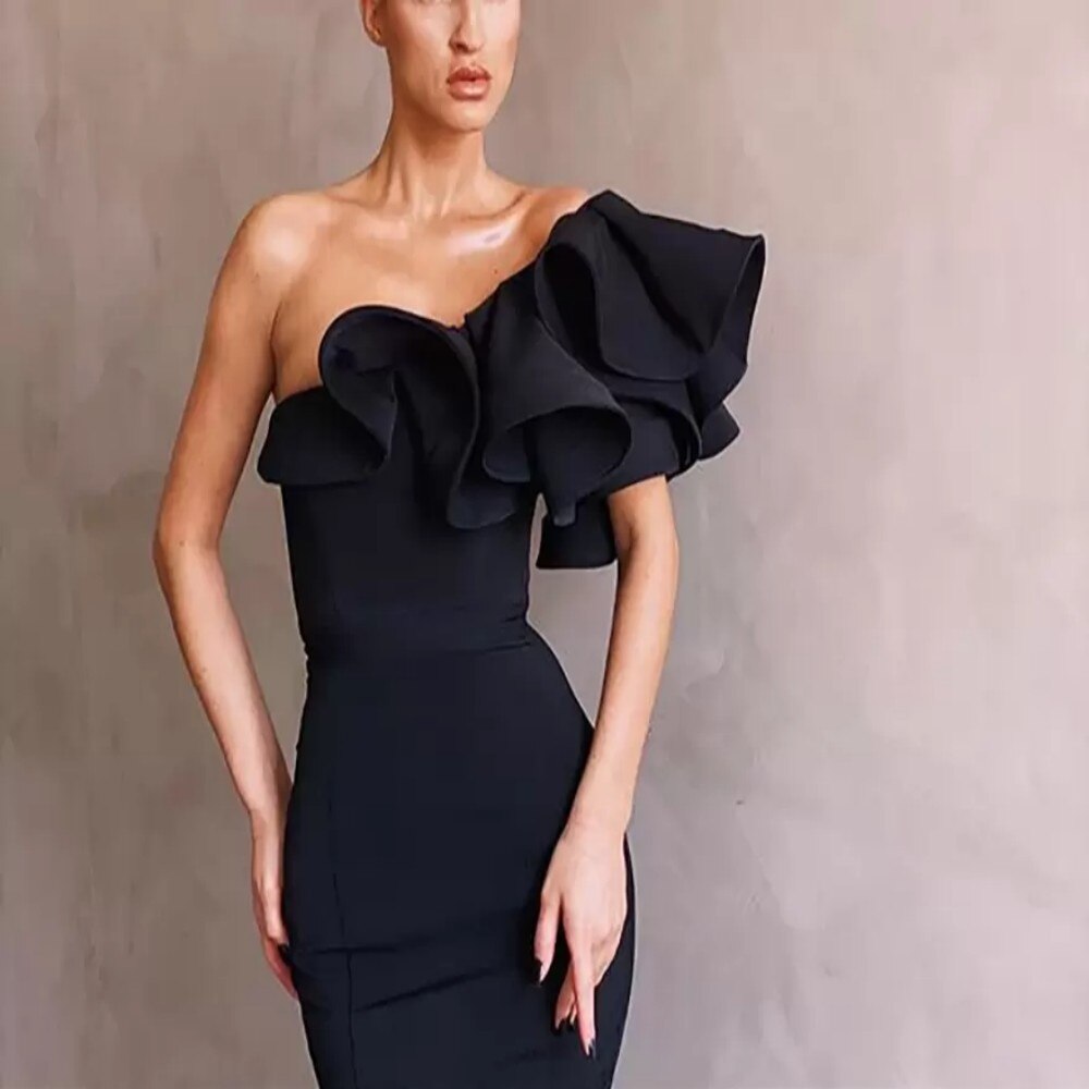Sexy Black Ruffles One Shoulder Mermaid Prom Dresses