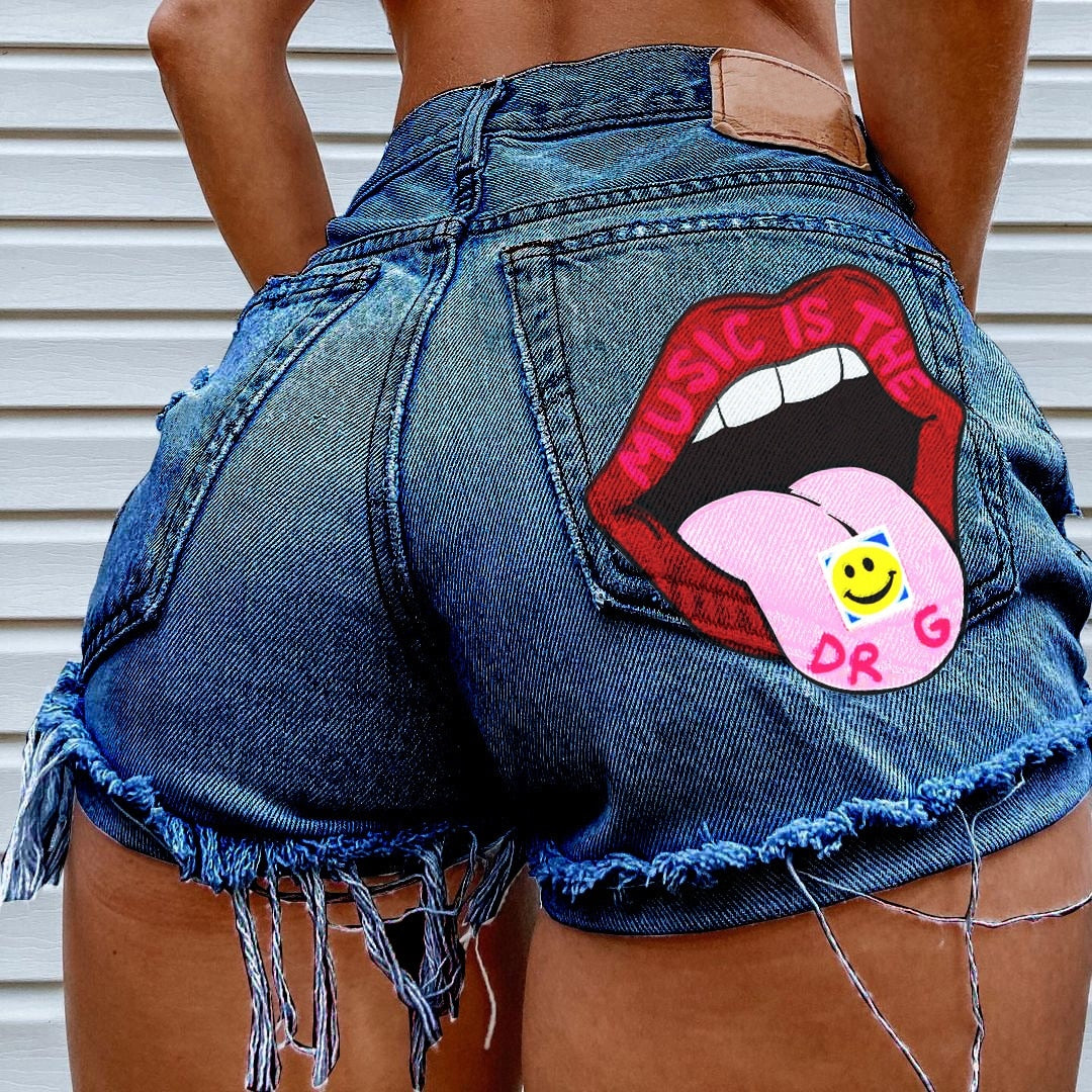 Hot Summer Women's Shorts Pockets Printed Pattern Big Stone Love Ripped Raw INS Influencer