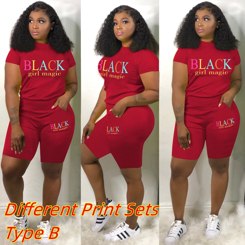 Summer Tracksuit Set For Plus Size Women 2XL Pink Letter Print Top Biker Shorts Suits Casual 2 Piece Set Sport Outfits Sweatsuit