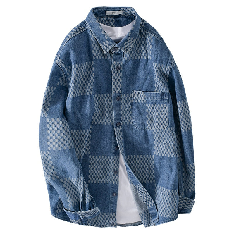 Men's Long Sleeve Denim Shirt Fashion Casual Big Grid Fashion Handsome Young Man Loose Top Coat