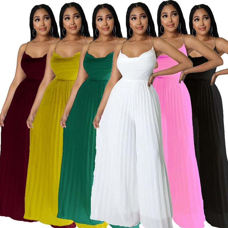 Sexy Women Solid Chiffon Jumpsutis Summer Chain Spaghetti Strap Backless Pleated Overall