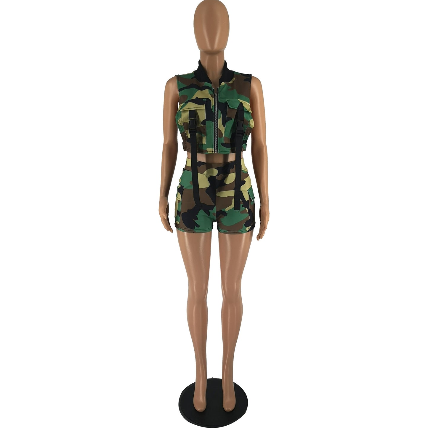 Summer Camouflage Print Short Tracksuit Women Sexy Sleeveless Vest Crop Top + Shorts Skinny Club Party Two Piece Set Casual