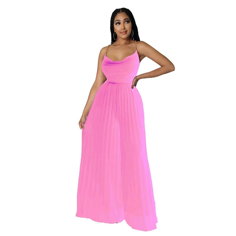 Sexy Women Solid Chiffon Jumpsutis Summer Chain Spaghetti Strap Backless Pleated Overall