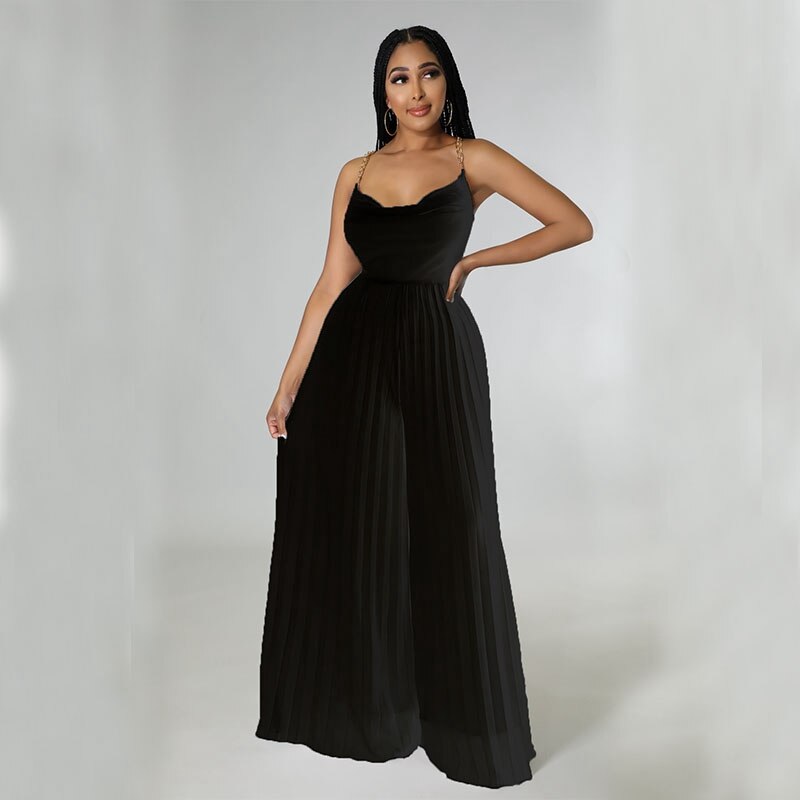 Sexy Women Solid Chiffon Jumpsutis Summer Chain Spaghetti Strap Backless Pleated Overall