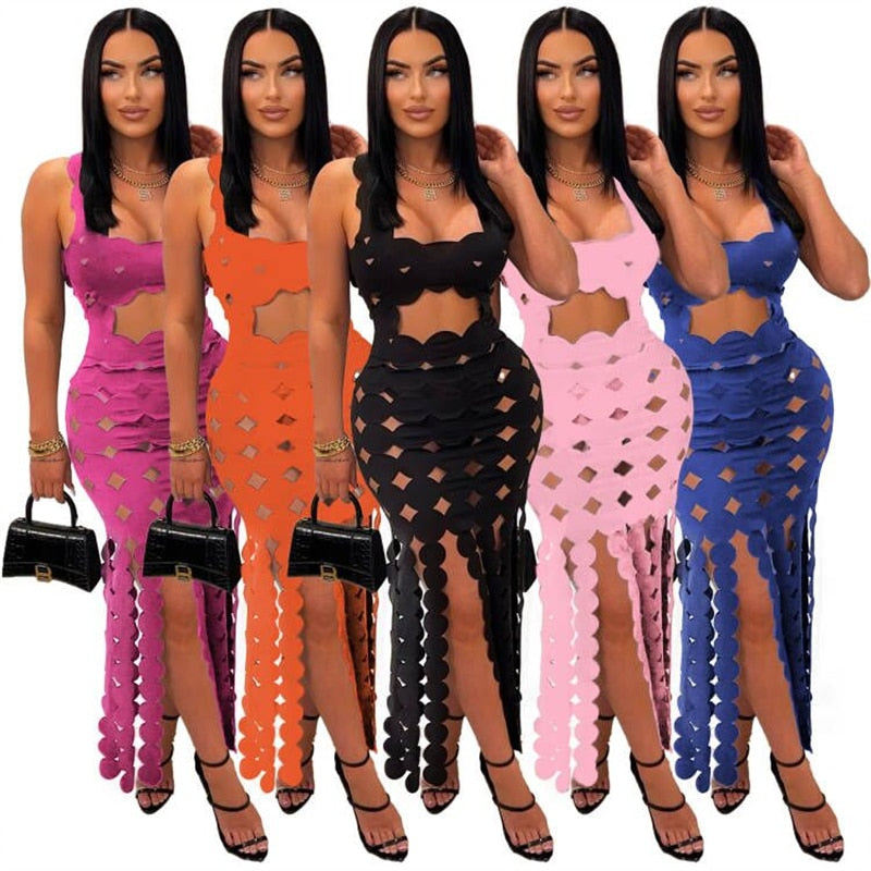 Solid Hollow Out Elegant Sexy Maxi Evening Party Dress Women Sleeveles   Mega Mart Center