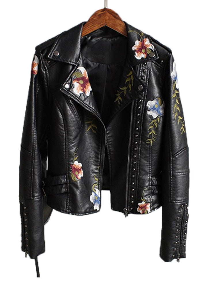 Ftlzz Women Floral Print Embroidery Faux Soft Leather Jacket Coat Turn-down Collar Casual Pu Motorcycle Black Punk Outerwear