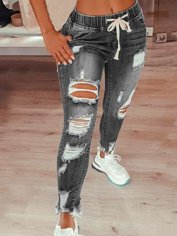 Drawstring Denim Jeans For Women Ripped Hole Stretch Jean Ladies Full Length Pencil Pants