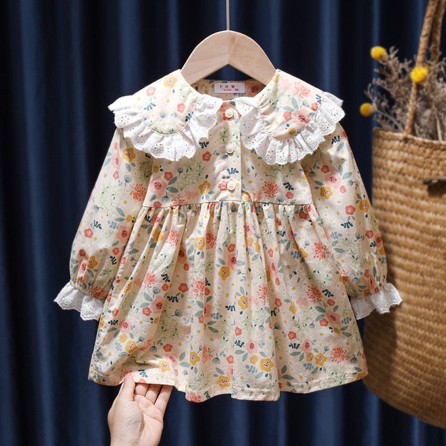 Spring Summer Girls Clothing Cute Children Dresses Kids Baby Girl Plaid Cotton Linen Lapel Collar Dress Long Sleeve Skirt