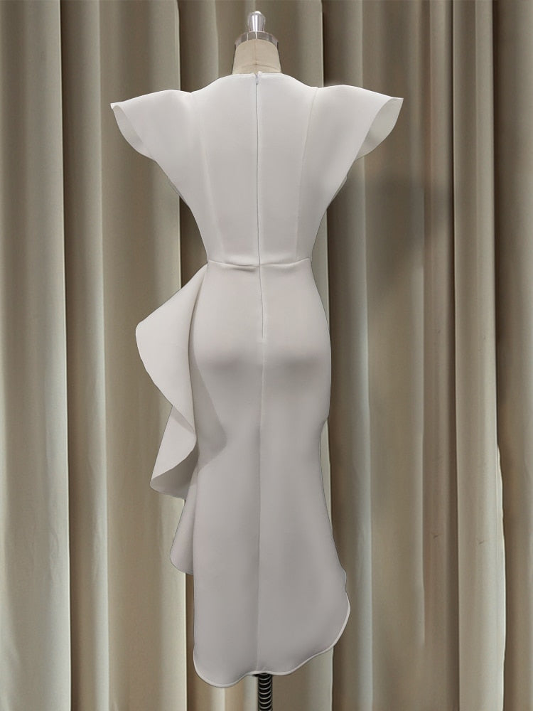 Stylish Occasion Women's White Party Dresses Irregular Ruffles Slit Contrast Sexy Vestido Date Out Night Celebrate Event Robes