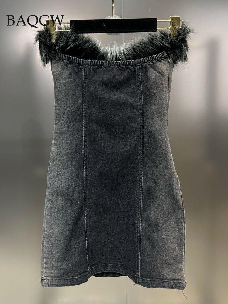 Feathers Patchwork Designer Tube Tops Women Strapless Sleeveless Slim Denim Dresses Female Fashion Party Street Wear Outfits