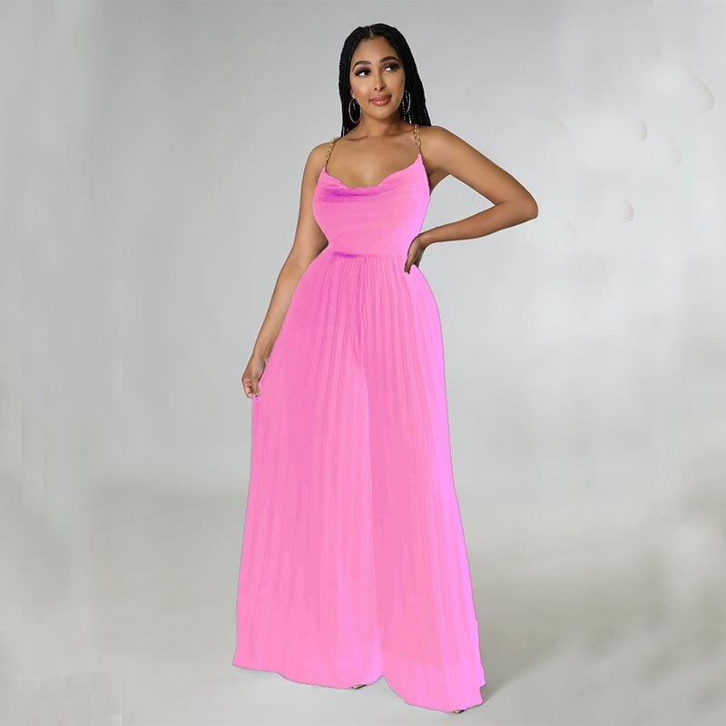 Sexy Women Solid Chiffon Jumpsutis Summer Chain Spaghetti Strap Backless Pleated Overall