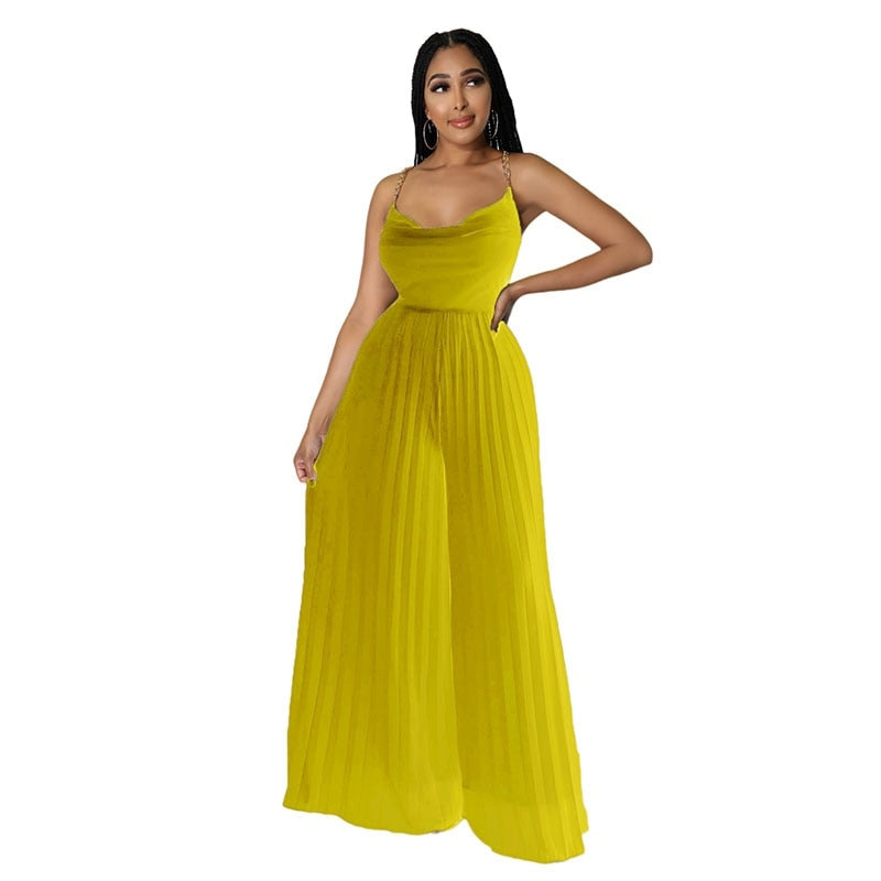 Sexy Women Solid Chiffon Jumpsutis Summer Chain Spaghetti Strap Backless Pleated Overall