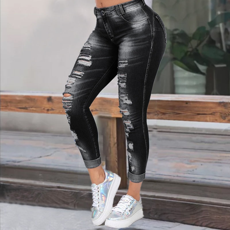 High Waist Skinny Ripped Jeans Women 2020 Fashion Trousers Washed Denim Jeans Hollow Hole Bleached Pencil Pants Plus Size S-6XL