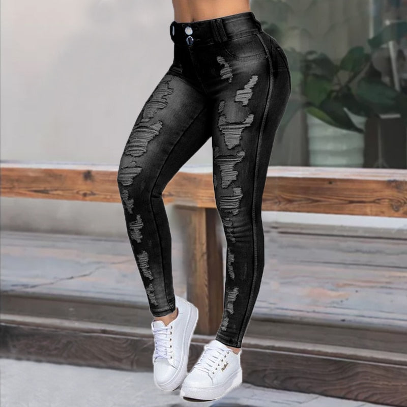 High Waist Skinny Ripped Jeans Women 2020 Fashion Trousers Washed Denim Jeans Hollow Hole Bleached Pencil Pants Plus Size S-6XL