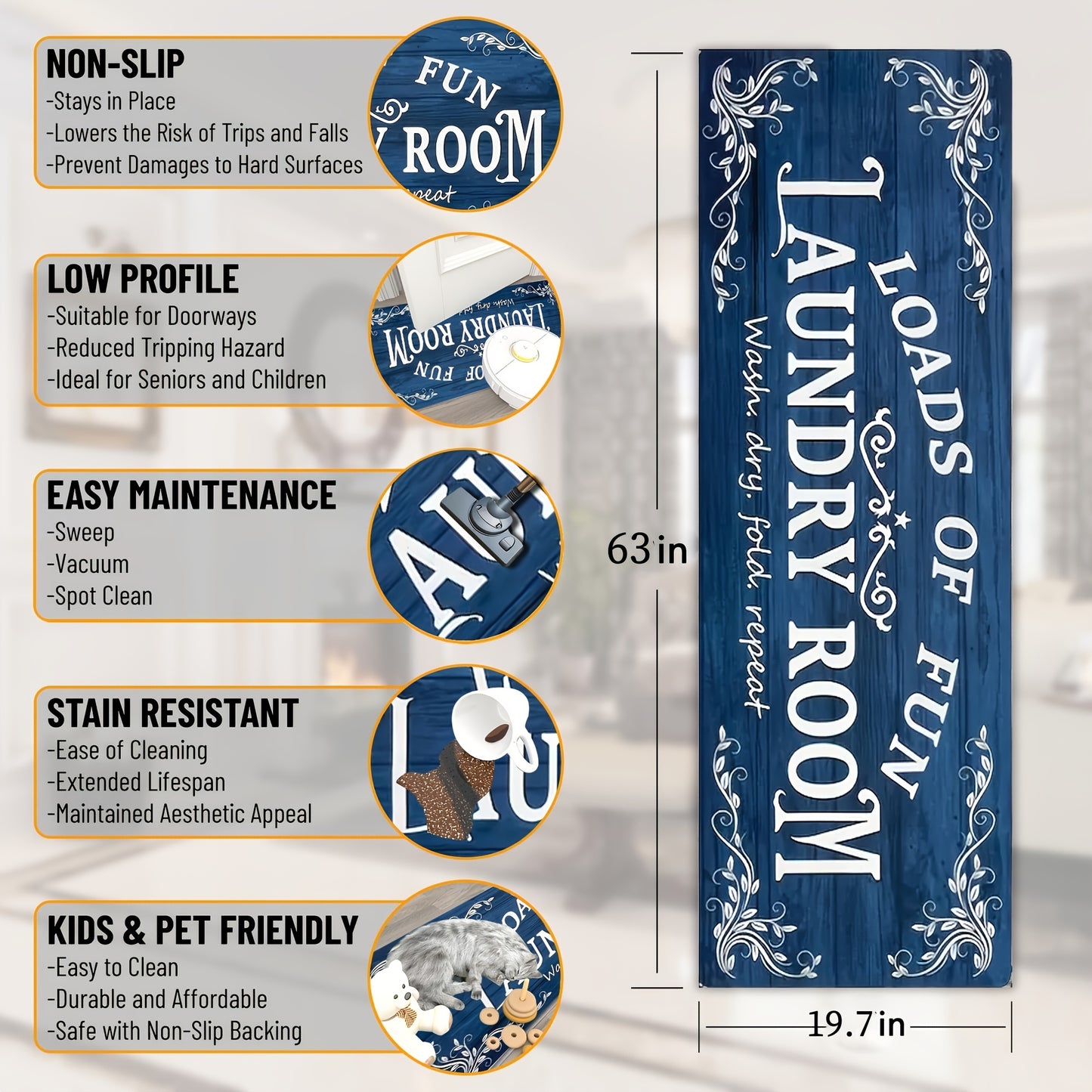 1pc Non Slip Laundry Room High Quality Runner Rug, Decor Non-Skid Comfort Standing Mat Machine Washable Text Design Laundry Mat, Floor Mats & Matting for Kitchen, Porch, Bathroom, Hotel, Commercial Laundry Rooms, And Home