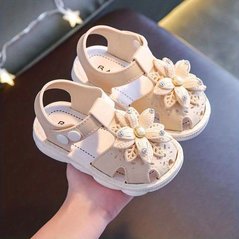 Girls Baby Flower Trendy Breathable Closed Toe Sandals, Lightweight Soft Sandals Crib Shoes For Indoor Outdoor Spring