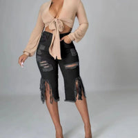 Trendy Women's Distressed Denim Shorts - Fringe Hem, Stylish, Comfortable for Casual Wear