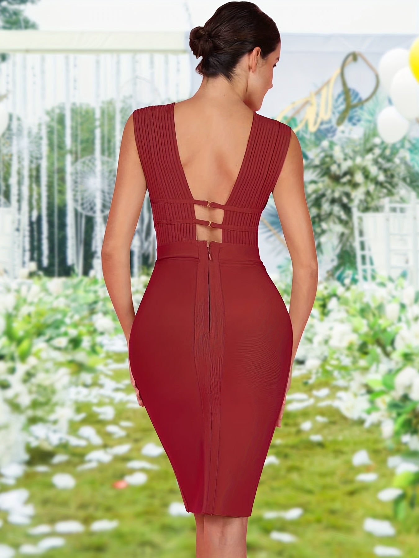 Women's Sexy Deep V Plunge Sleeveless Cut Out Bodycon Bandage Cocktial Party Dresses V Neck Sleeveless Hollow Out Midi Bandage Dress Wine S-XL