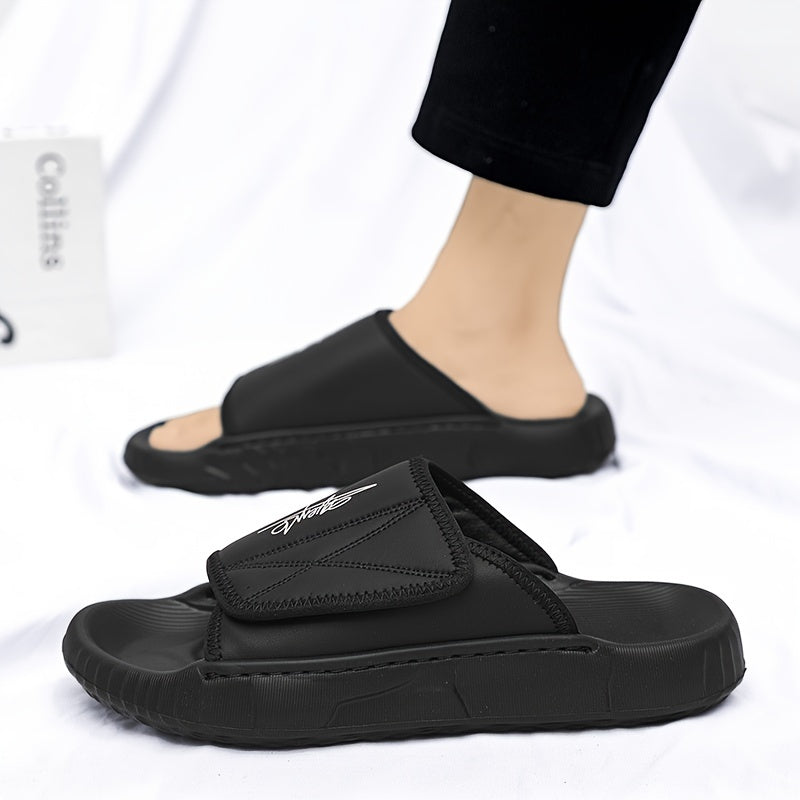 Men's Solid Color Open Toe Breathable Adjustable Hook & Loop Fastener Slippers, Comfy Non Slip Durable EVA Sole Slides, Men's Footwear