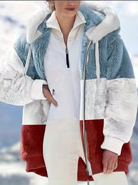 Plus Size Colorblock Fuzzy Hoodie Drawstring Zip Up Coat, Women's Plus Pocket Casual Overcoat