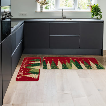 Merry Christmas Kitchen Mats Set Of 2, Red Xmas Tree Winter Farmhouse Style Home Kitchen Decorations Rugs For Floor- 17x29 And 17x47 Inch BT007
