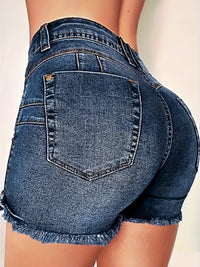 High-Waisted Single-breasted Buttoned Raw Hem Denim Shorts - Young women, fashion-conscious individuals, casual wear enthusiasts, summer shoppers - Navy Blue, Denim, Casual, Button, High Stretch - Suitable for Summer, Casual,