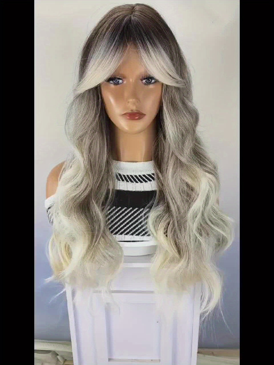Long Ombre Brown Blonde Wavy Wigs With Curtain Bangs For Women Synthetic Curly Wig Heat Resistant Fiber Wigs For Daily Cosplay
