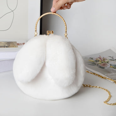 Kawaii Fluffy Bunny Kiss Lock Handbag – Stylish Year of the Rabbit Chain Shoulder Bag with Polyester Lining