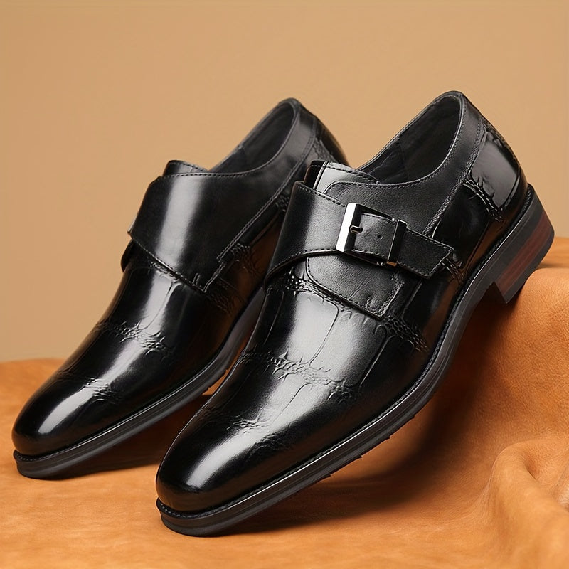Men's Solid Color Top Grain Cow Leather Upper Monk Shoes, Comfy Non Slip Rubber Sole Durable Dress Shoes, Men's Footwear