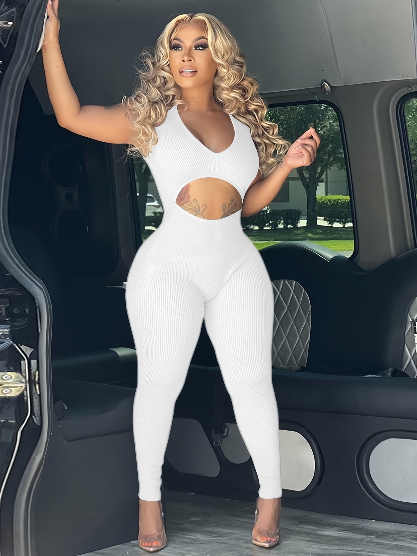 Cut Out Sleeveless Jumpsuit, Sexy Solid Bodycon Jumpsuit, Women's Clothing